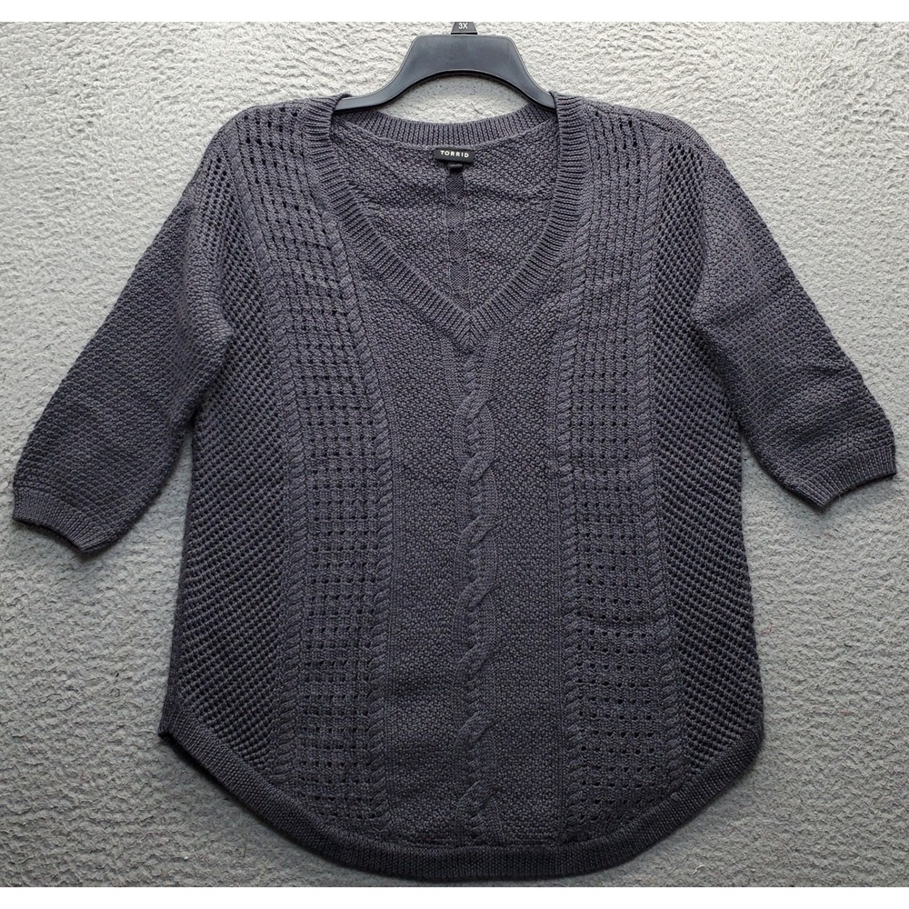 Torrid Sweater Womens 0 Gray Cable Knit Wool Blend 3/4 Sleeve V-Neck Pullover